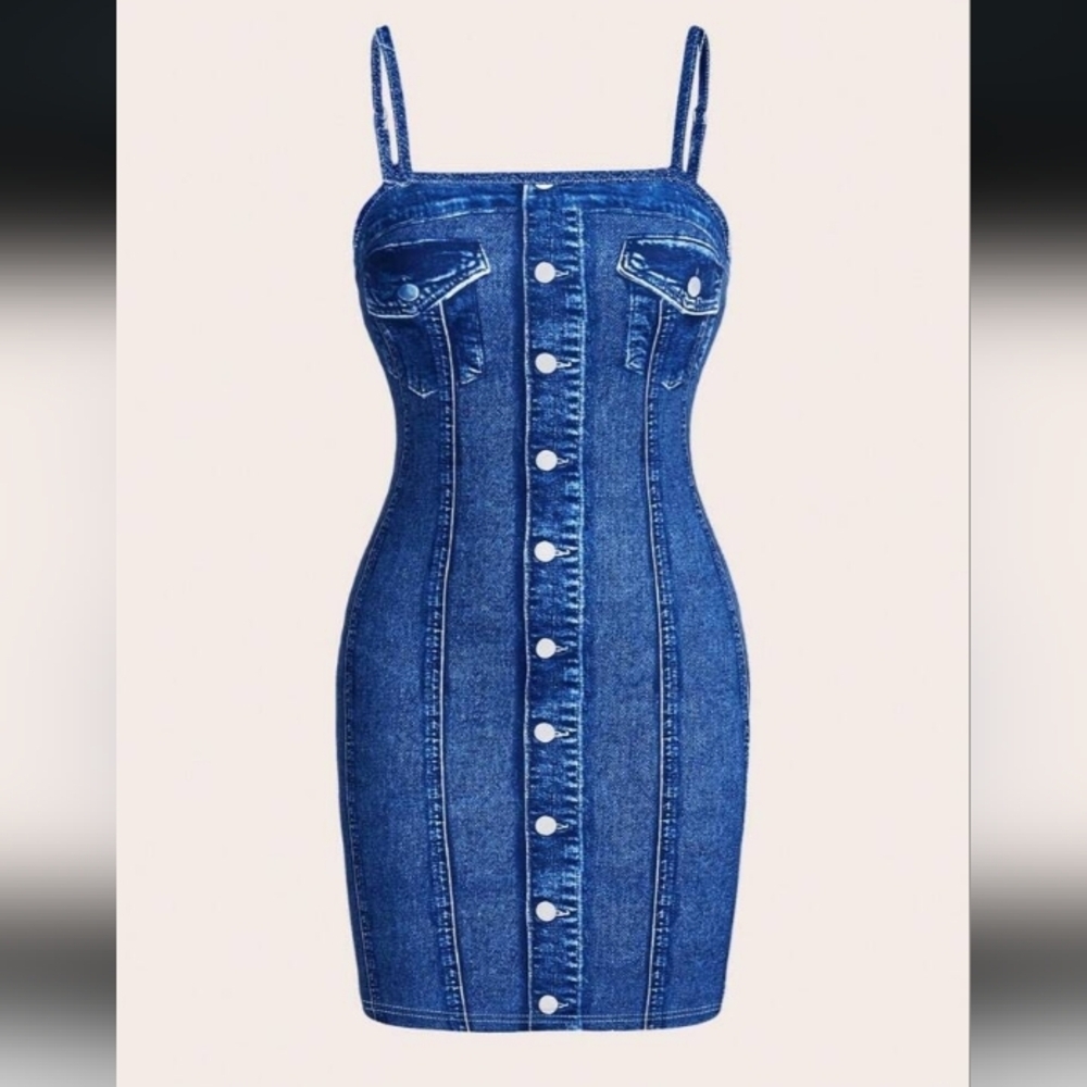 Sleek Blue Fake Button-Up Mini Dress - Picture 2 of 8